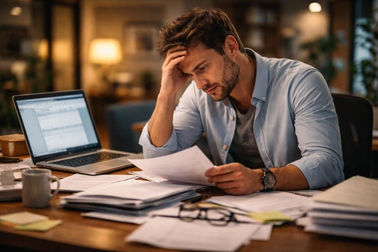 personne-preoccupee-bureau-documents-ordinateur
