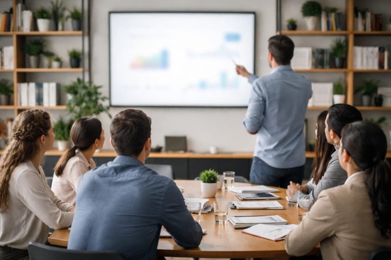 personnes-reunion-ecran-flou-etageres