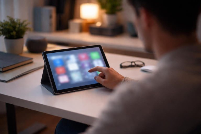 bureau-moderne-tablette-personne-floue