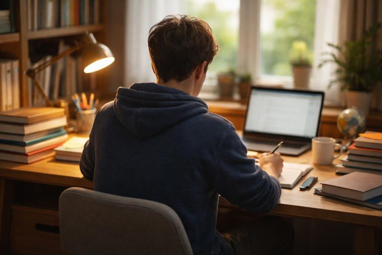 etudiant-bureau-livres-lumiere-douce