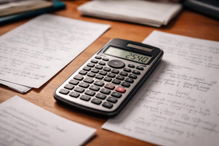 calculatrice-bureau-bois-papier-notes