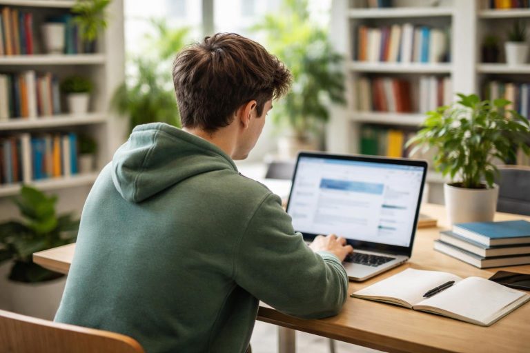 etudiant-table-ordinateur-etagere-plantes
