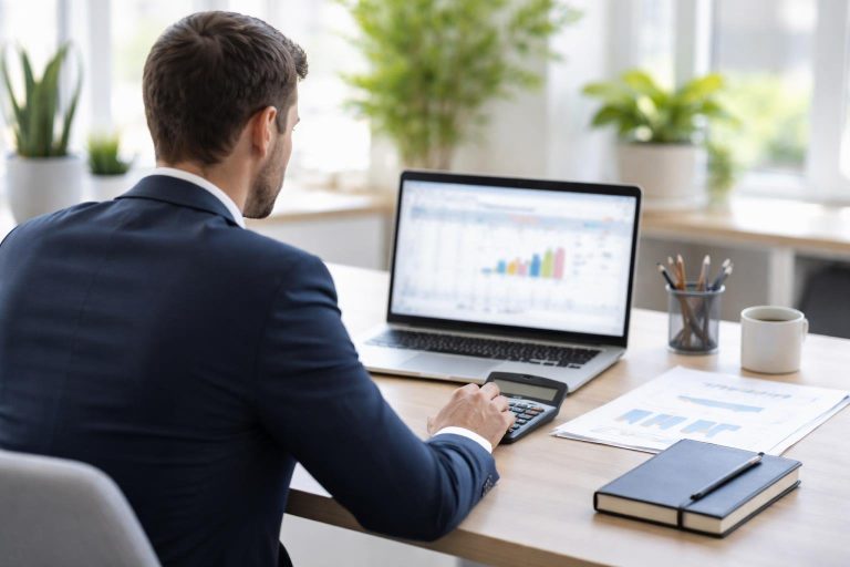 professionnel-bureau-calculatrice-ordinateur-plantes