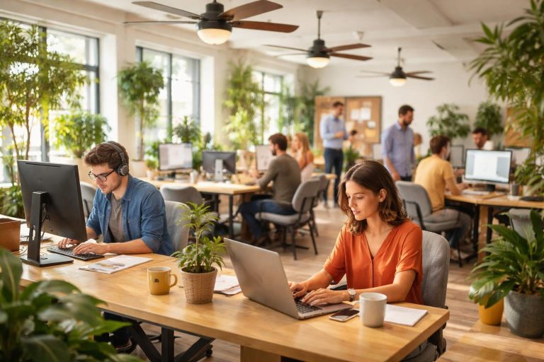 bureau-anime-employes-plantes-meubles