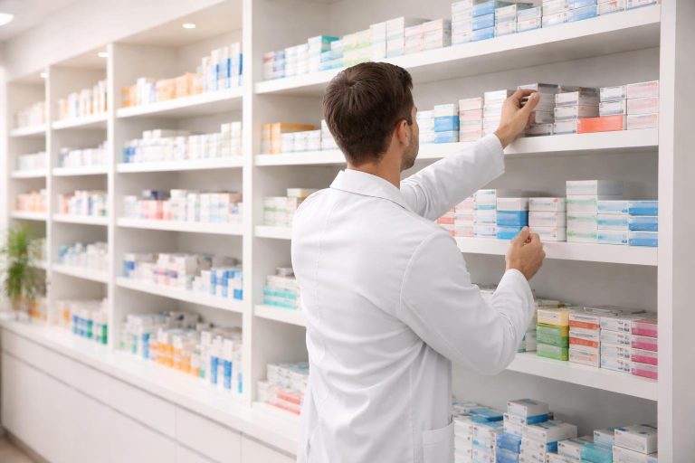 pharmacien-etalager-medicaments-pharmacie-moderne