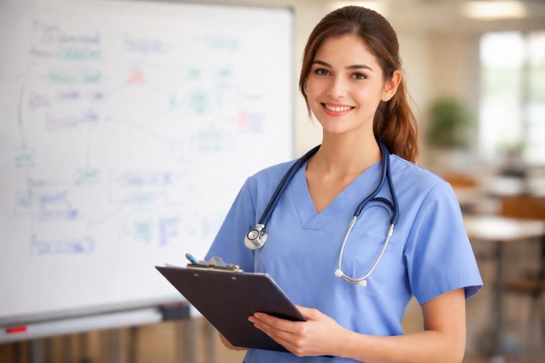femme-blouse-infirmiere-tableau-diagrammes-salle-classe