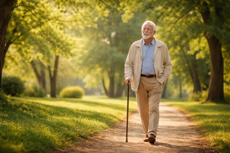 homme-age-marchant-parc-ensoleille