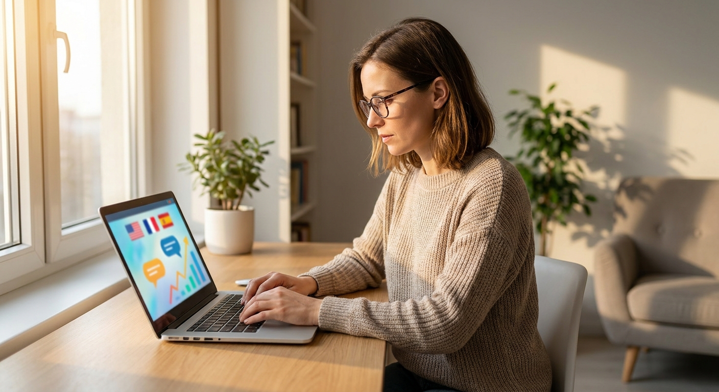 professionnel travaillant sur son ordinateur portable avec des applications d'apprentissage de langues ouvertes à l'écran