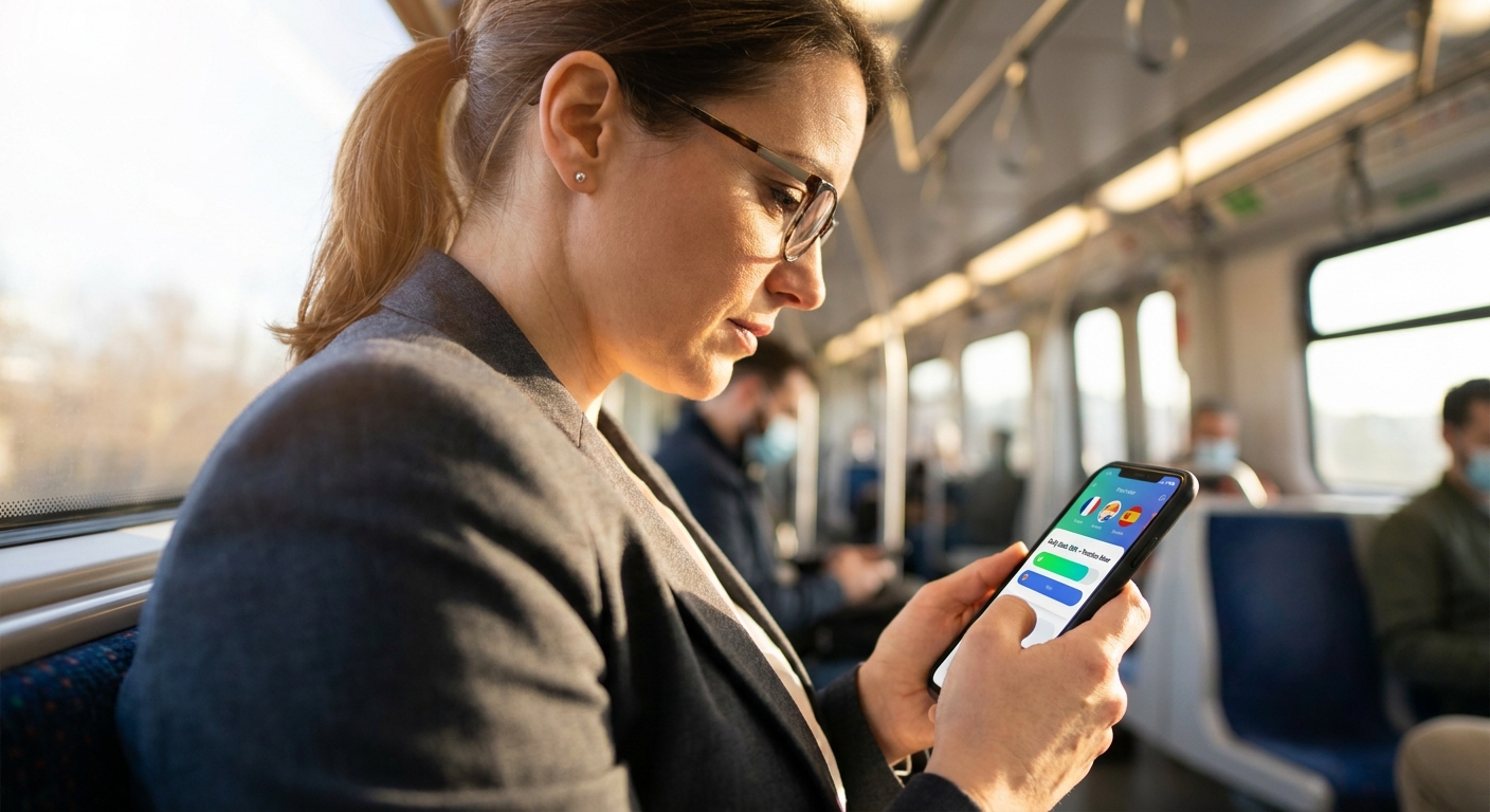personne utilisant une application d'apprentissage de langues sur smartphone dans les transports en commun